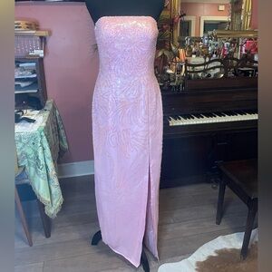 AMAZING y2k 90s be dazzle baby pink sequin strapless dress with high slit